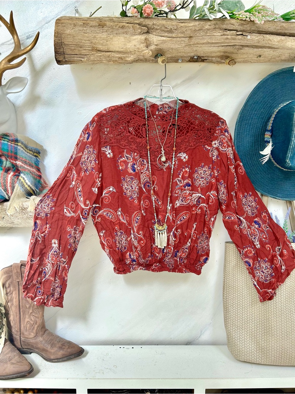 Paisley Lace Gypsy sleevelesswine colour Boho Blouse resort vacay festival vibe